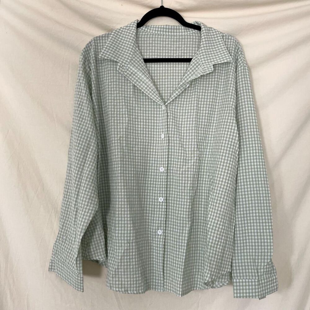 100% Linen Lightweight Button Up Blouse Shirt Green White Gingham Plaid XL